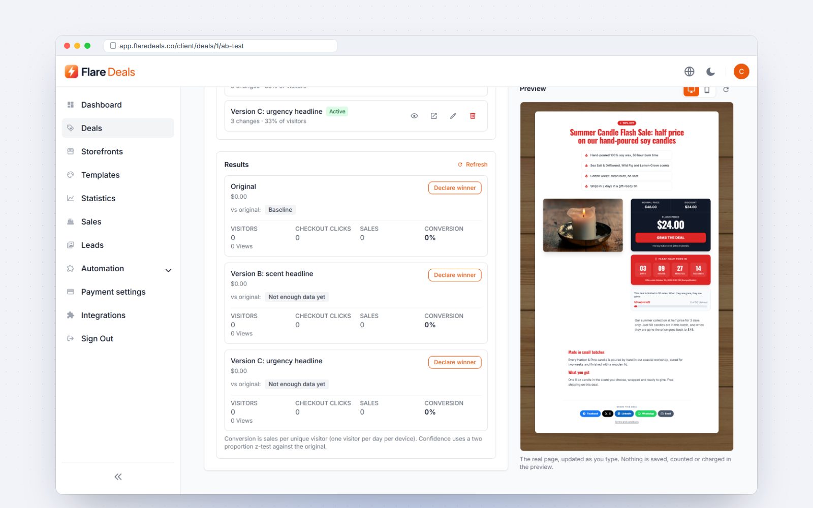 A/B test results per version
