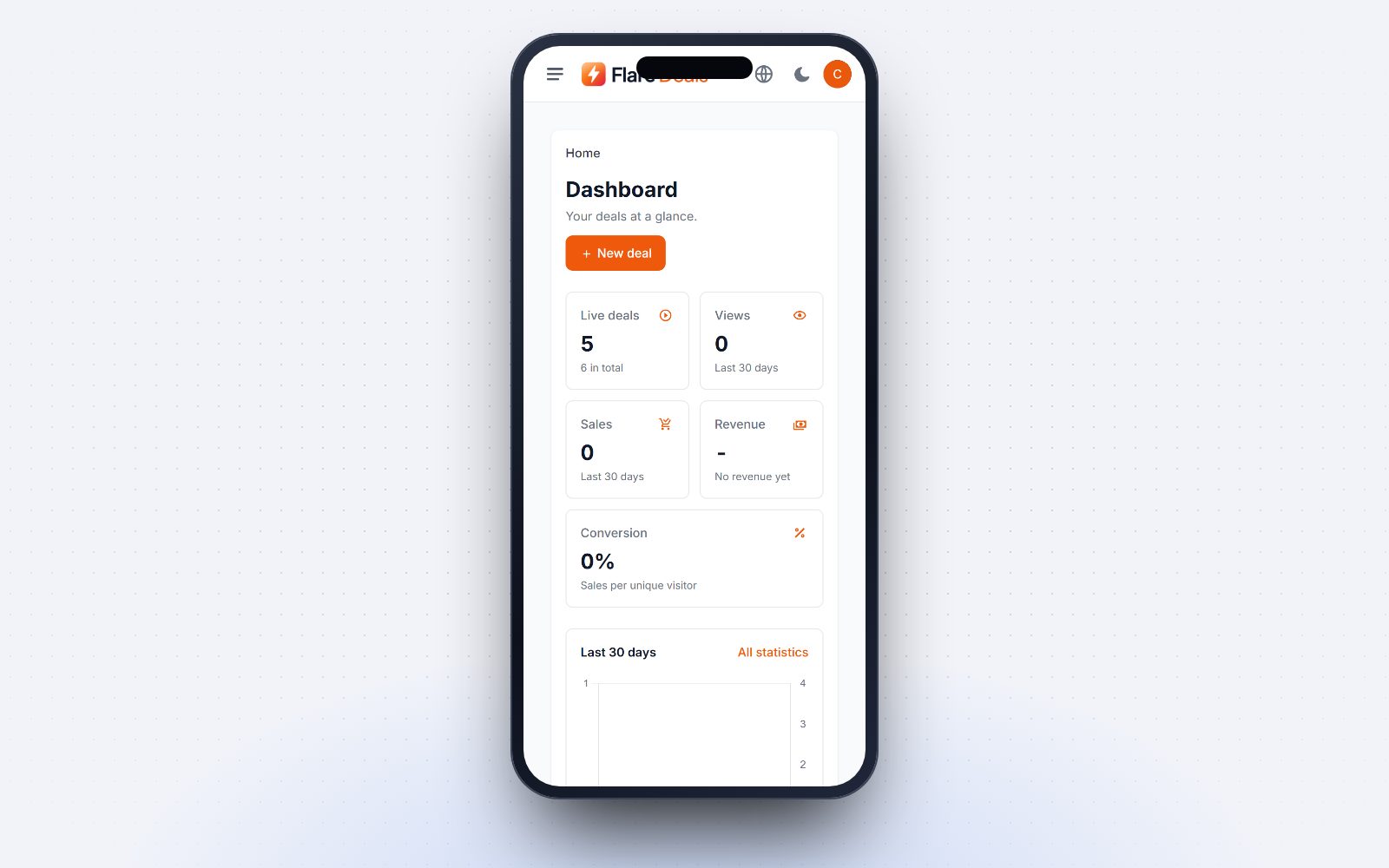 The Flare Deals client dashboard on a phone