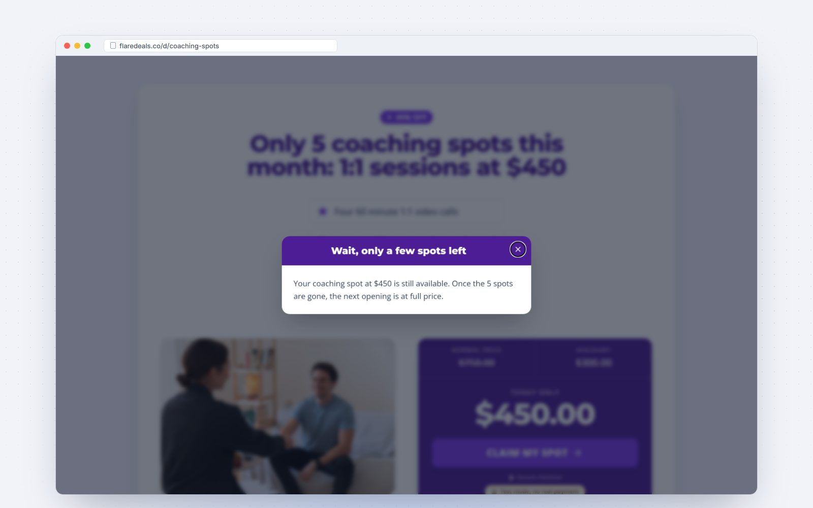 A deal page with the exit-intent popup open
