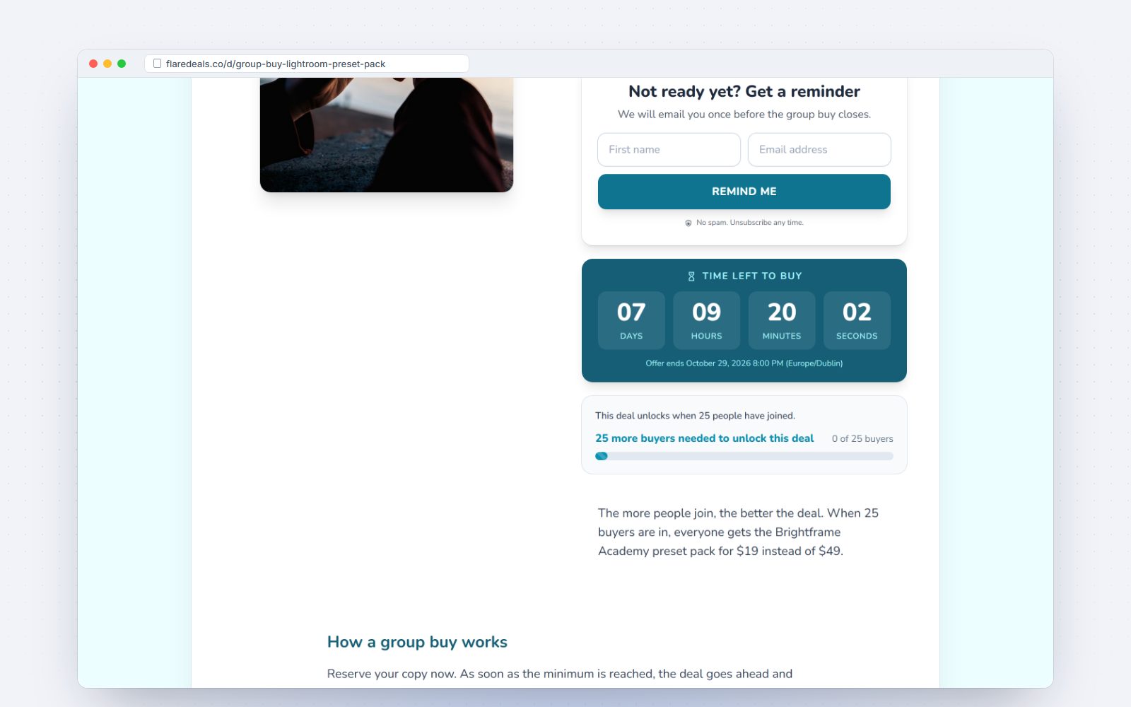A group buy deal page showing how many buyers are still needed
