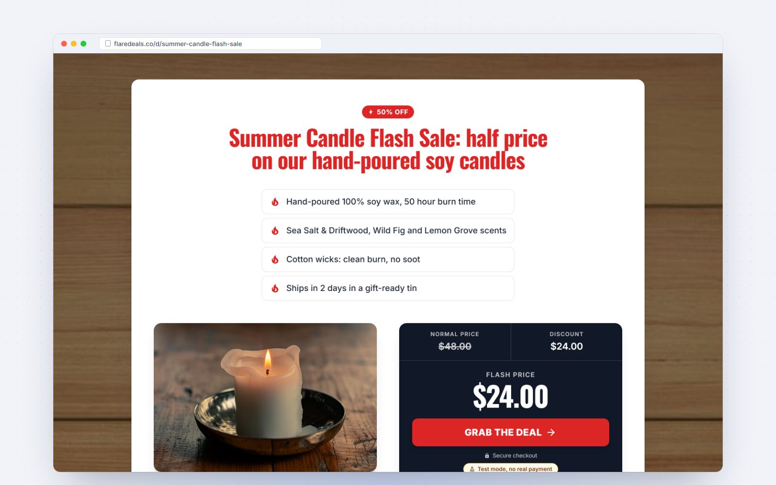 A flash sale deal page with a countdown, price box and stock bar