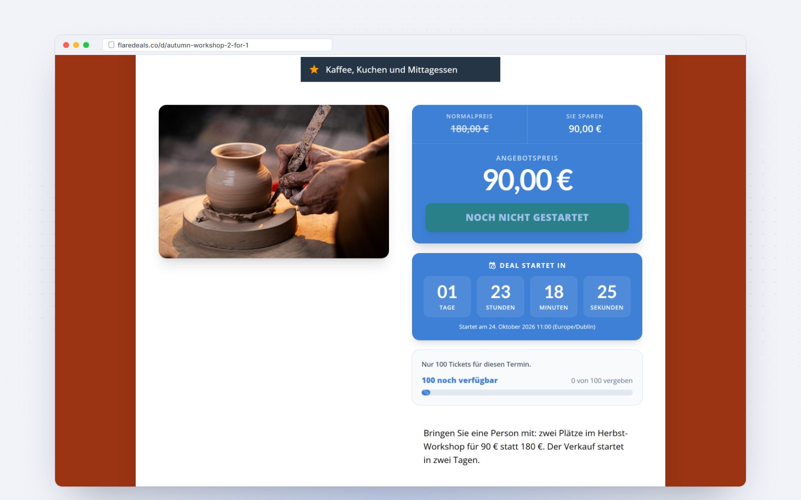 A scheduled deal page showing when the deal starts