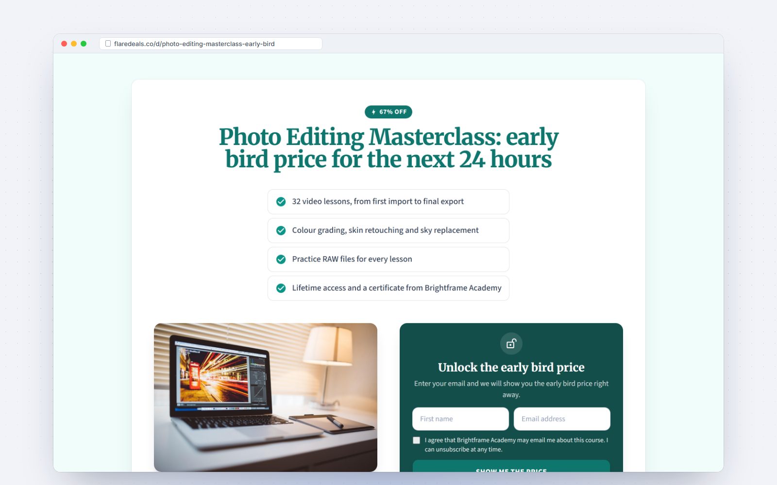 A deal page with an unlock-the-price sign-up form