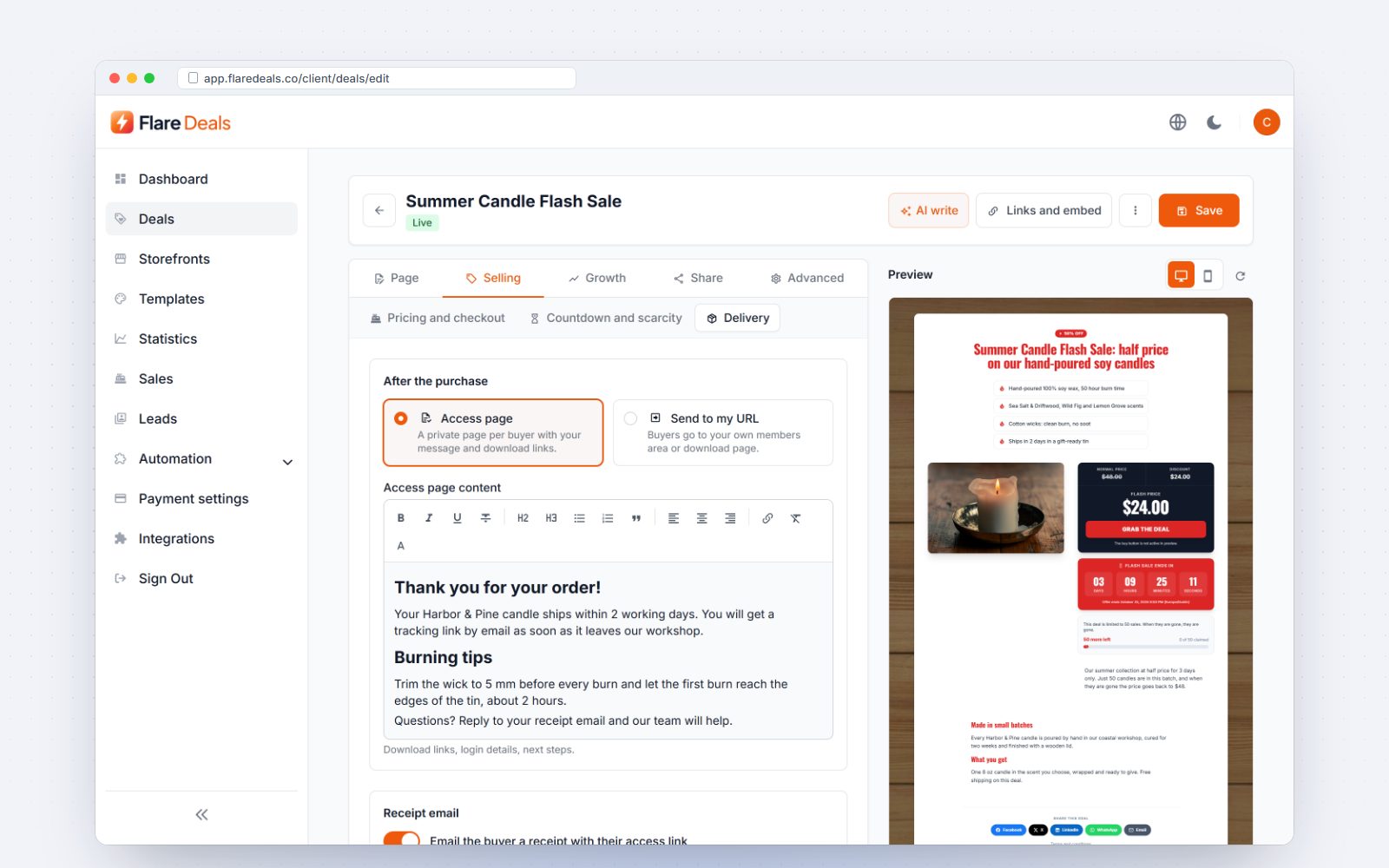 Delivery settings for the access page