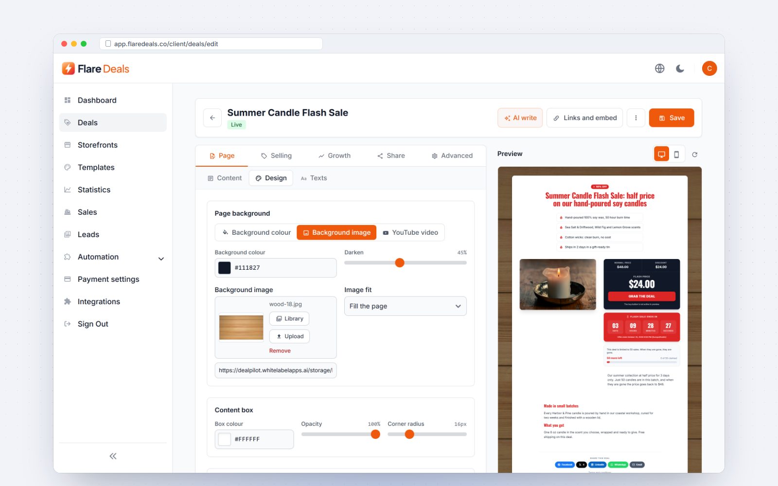 Page background and content box settings