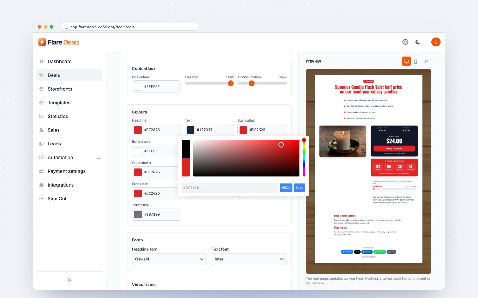 Design settings with the colour picker open
