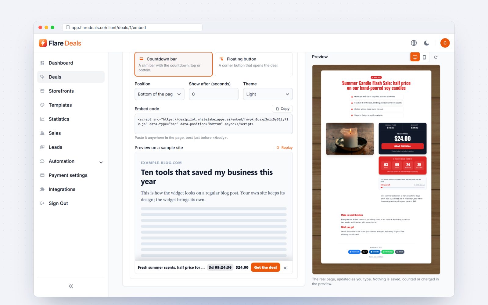 A countdown bar previewed on a sample website