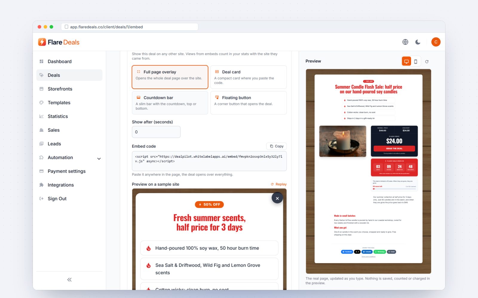 Embed widgets previewed on a sample website