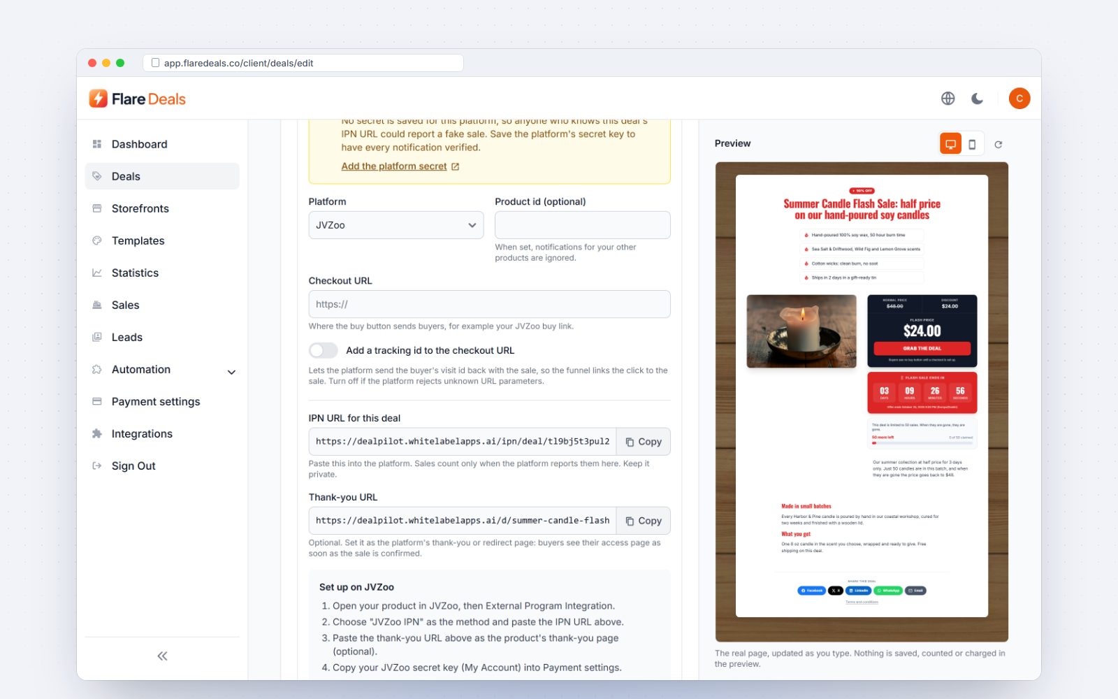 An external checkout platform with its IPN address and setup steps