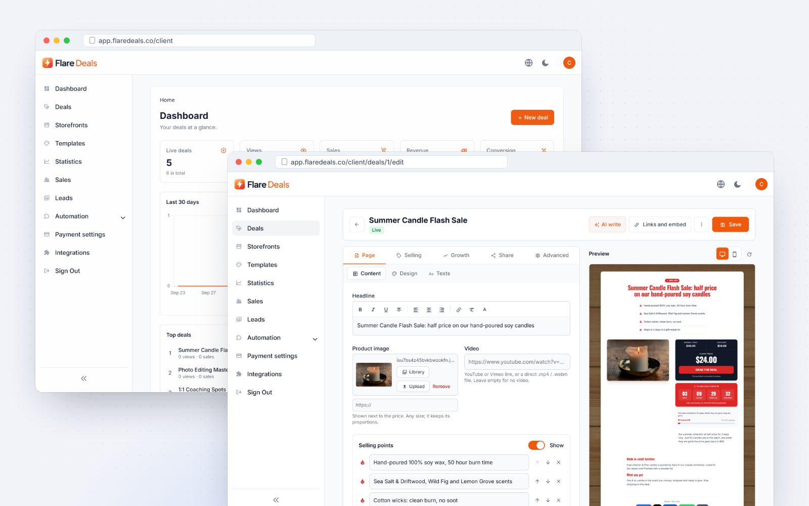 The Flare Deals dashboard and the deal editor with live preview