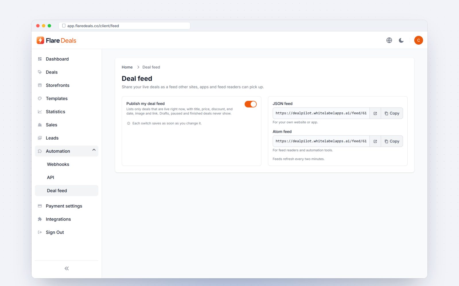 The deal feed with JSON and Atom links
