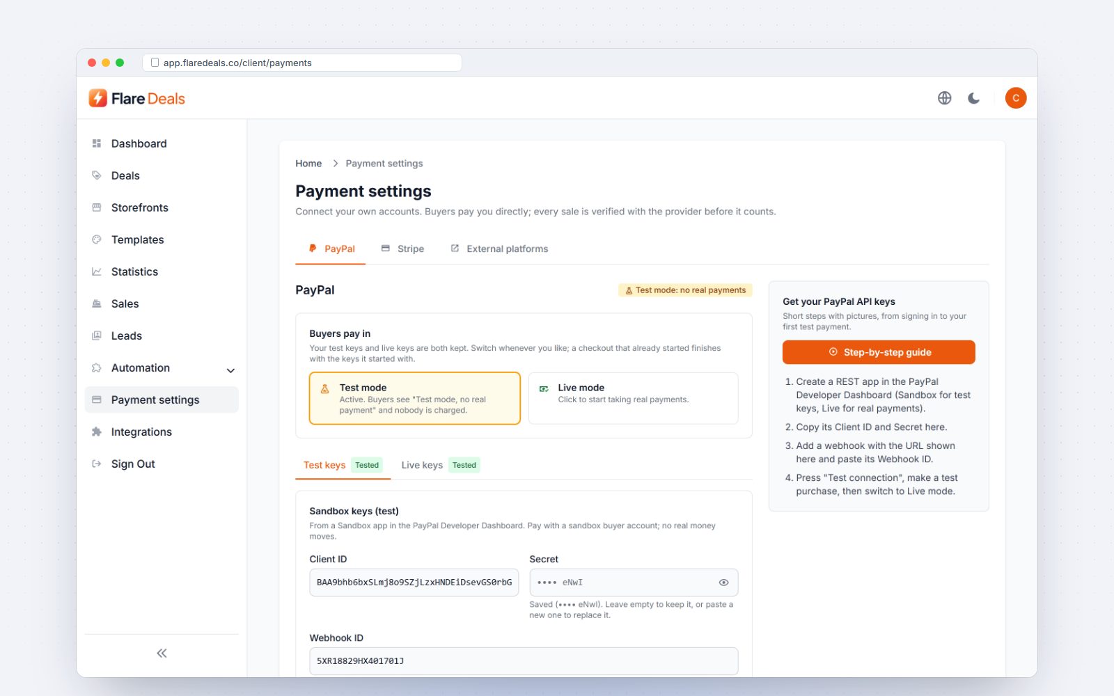 Payment settings with PayPal and Stripe test and live keys