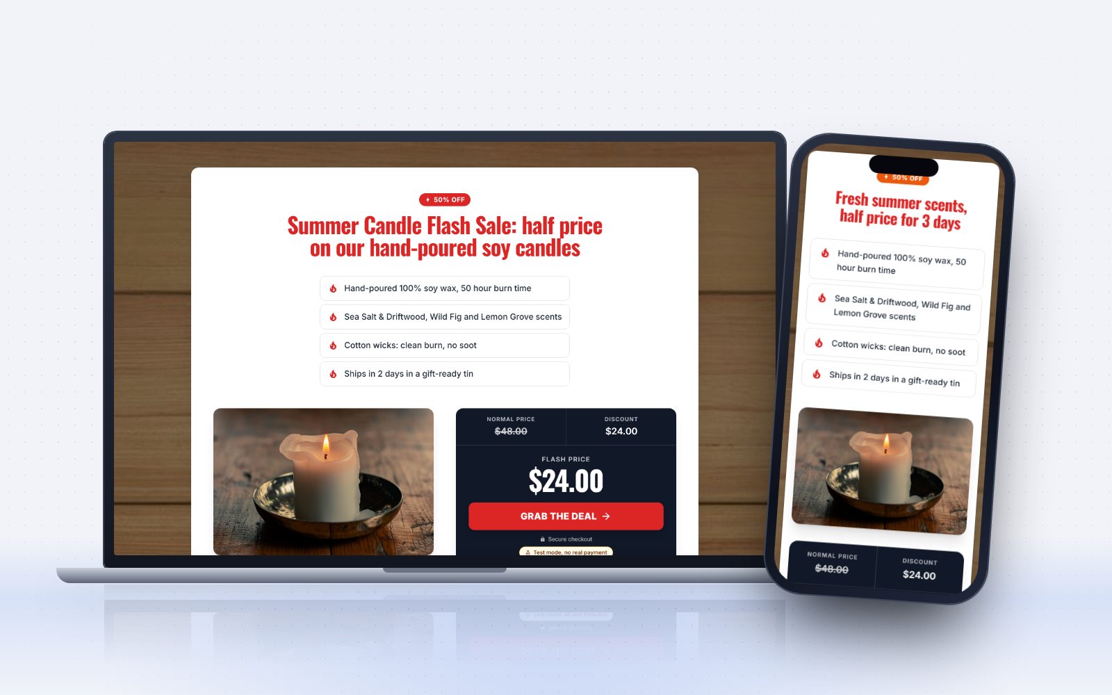 A Flare Deals client's flash sale page on a laptop and a phone, with the crossed-out price and buy button