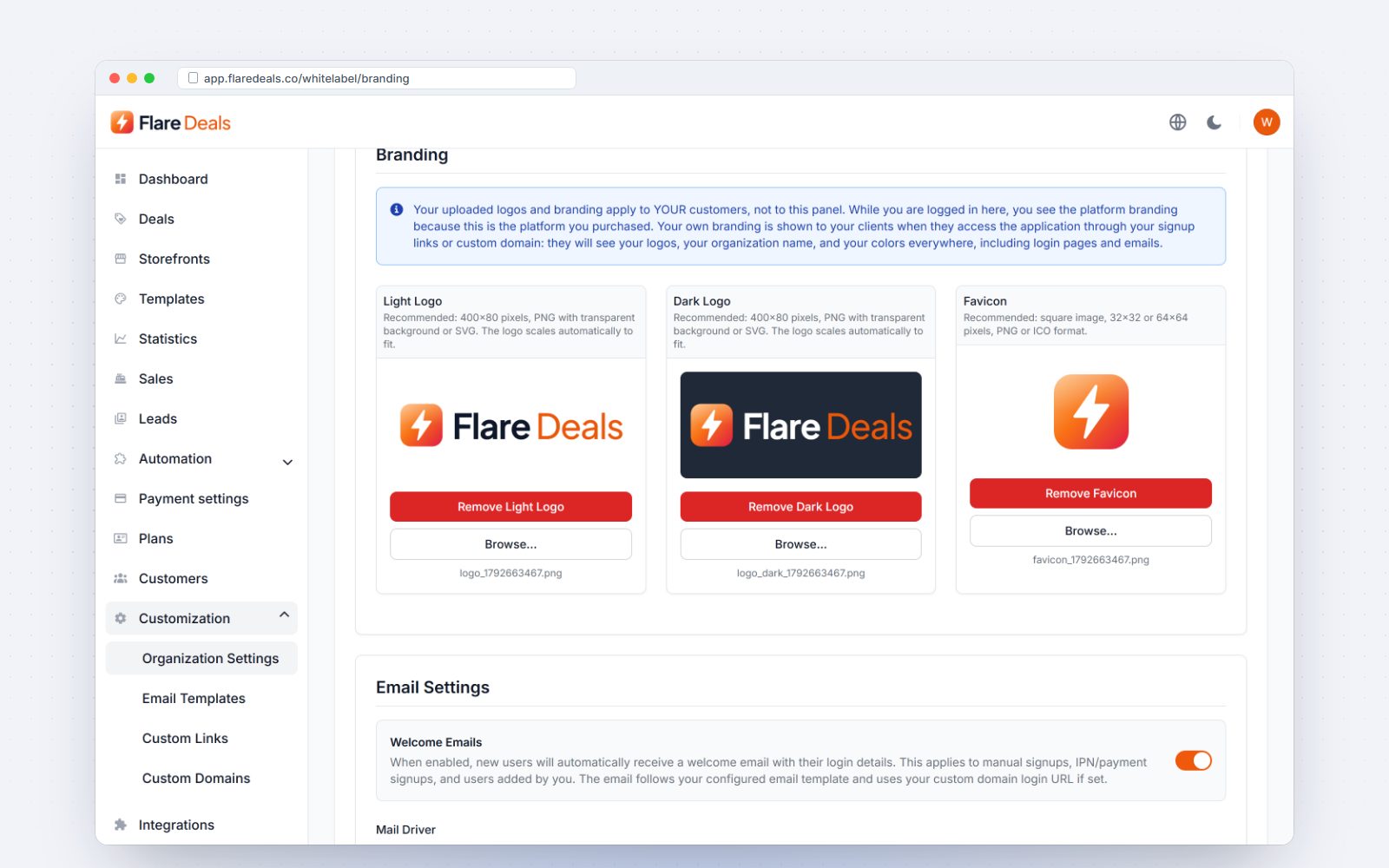 Light logo, dark logo and favicon uploads