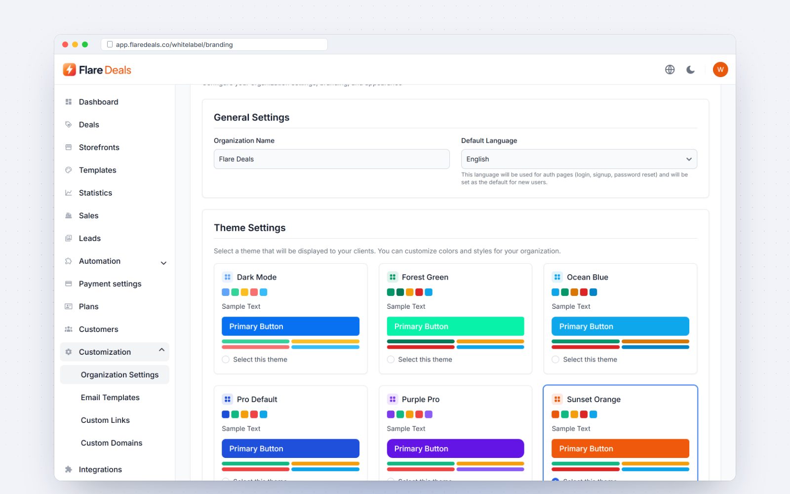 Organization settings with the theme picker