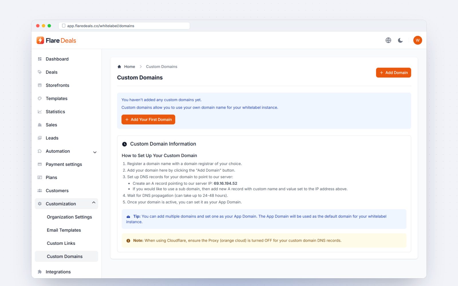 Custom domain settings