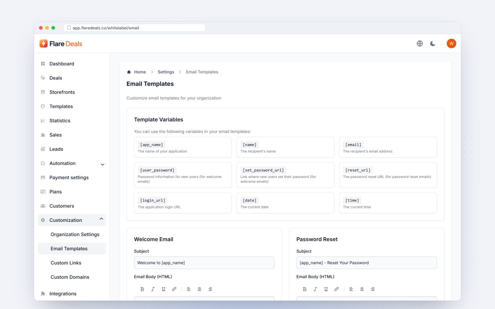 Email template editor with variables