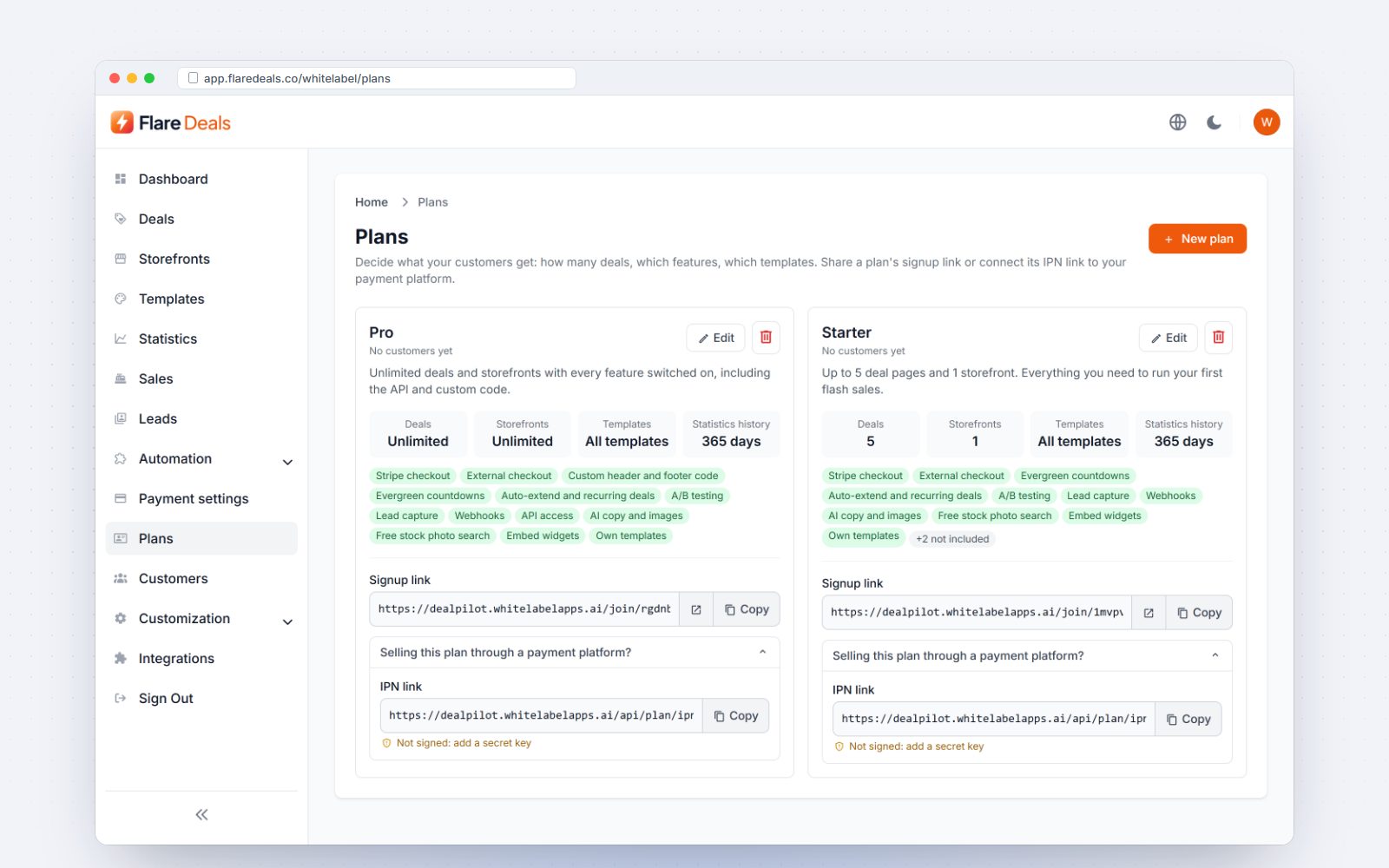 Plans with signup and IPN links